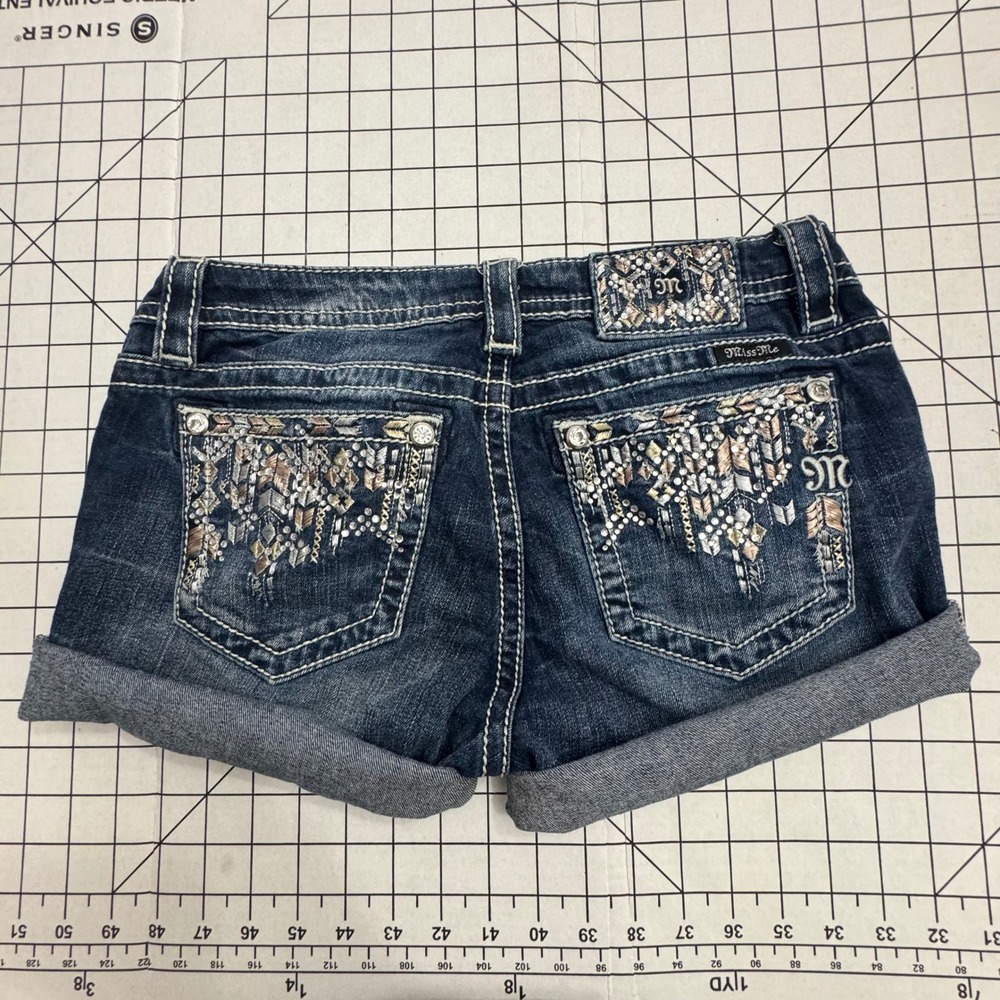 Miss Me Womens Embellished Denim Shorts Dark Wash Rhinestone Cuffed Size 29